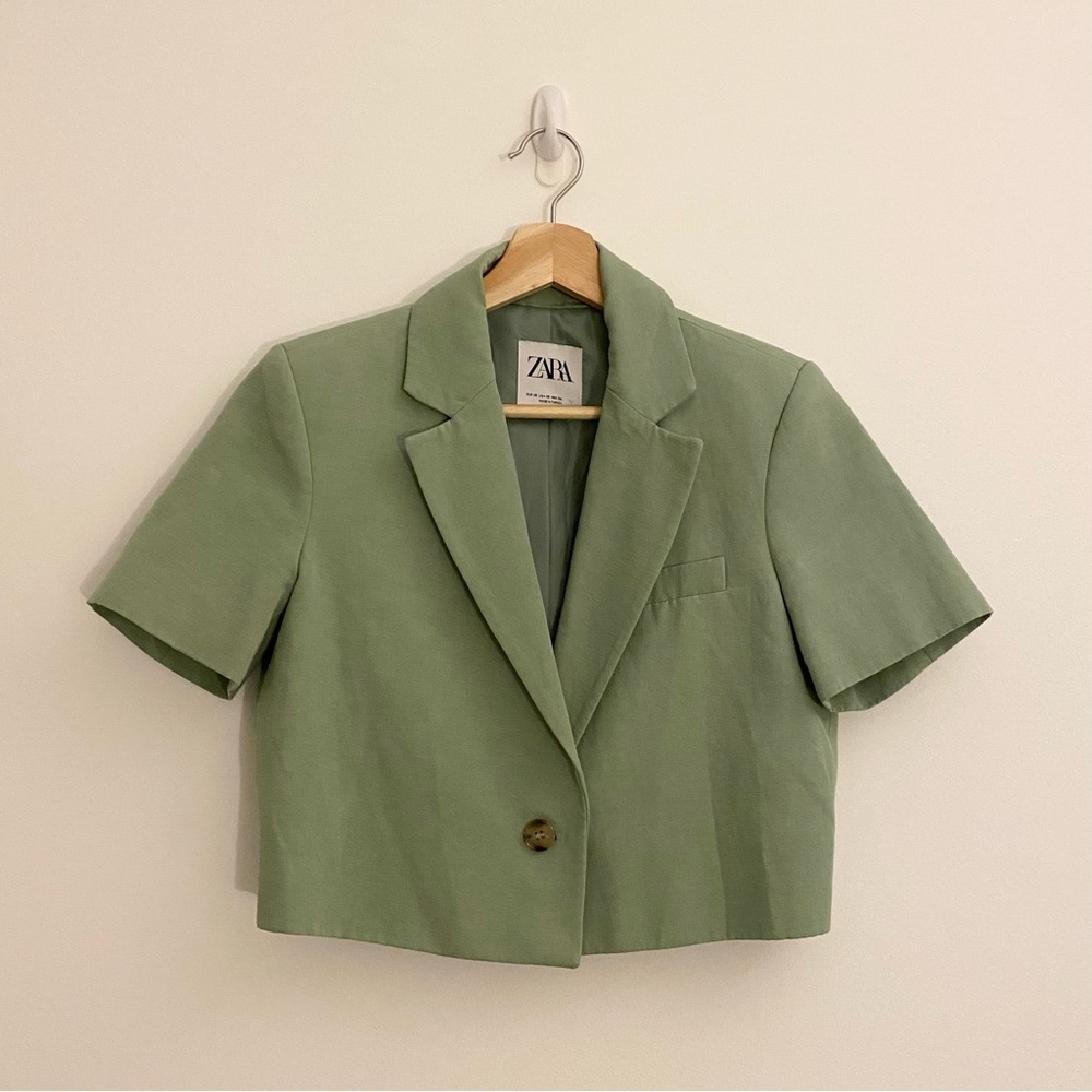 Zara Green Cropped Short Sleeve Blazer